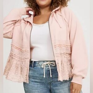 Torrid Neutral Pink Blush Lace Trim Full Zip Hoodie 3X 22/24 Nwt